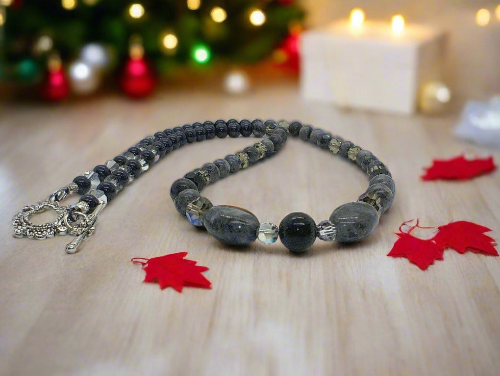 Fabulous Black & Gray Labrador, Black Onyx and Black Diamond Crystals, Semi-precious, Beaded Necklace B-handcrafted by Artistry Jewelry