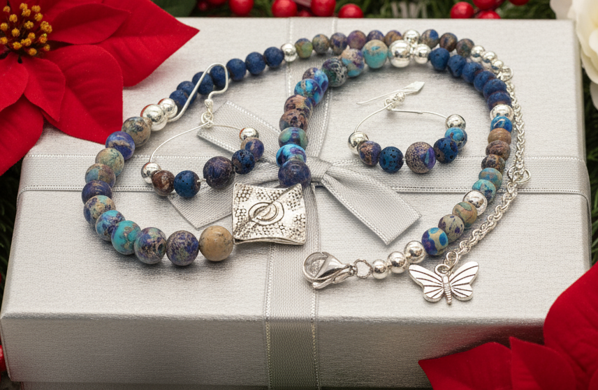 Stunning Natural Sea Blue Imperial Jasper, Lava beads and Silver Hematite, Semi-precious, Beaded Necklace Set - handcrafted by Artistry Jewelry
