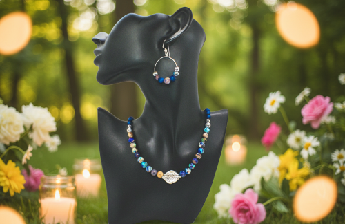 Stunning Natural Sea Blue Imperial Jasper, Lava beads and Silver Hematite, Semi-precious, Beaded Necklace Set - handcrafted by Artistry Jewelry