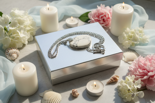 Lovely Howlite Pendant, Figaro Stainless Steel Chain Necklace-by Artistry Jewelry