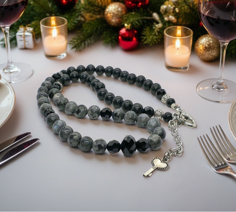 Gorgeous Natural Labradorite, Czech Crystal, Black Beads, One-of-a-Kind, Semi-precious Beaded Necklace - handcrafted by Artistry Jewelry