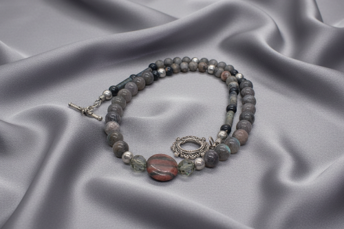 Gorgeous Natural Red Sesame, Black Lace Marble, and Crystal, semi-precious, One-of-a-Kind, Beaded Necklace-handcrafted by Artistry Jewelry