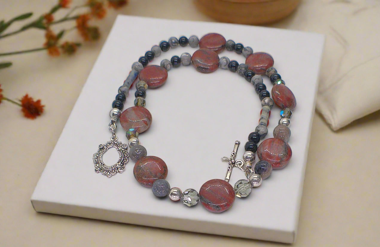 Gorgeous Red Sesame Jasper, Black Lace Marble and Crystal, Semi-precious, One-of-a-Kind, Beaded Necklace B-handcrafted by Artistry Jewelry