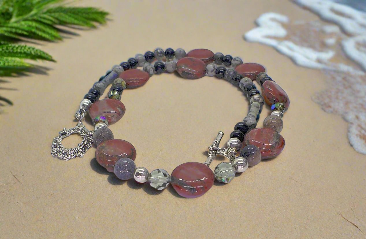 Gorgeous Red Sesame Jasper, Black Lace Marble and Crystal, Semi-precious, One-of-a-Kind, Beaded Necklace B-handcrafted by Artistry Jewelry