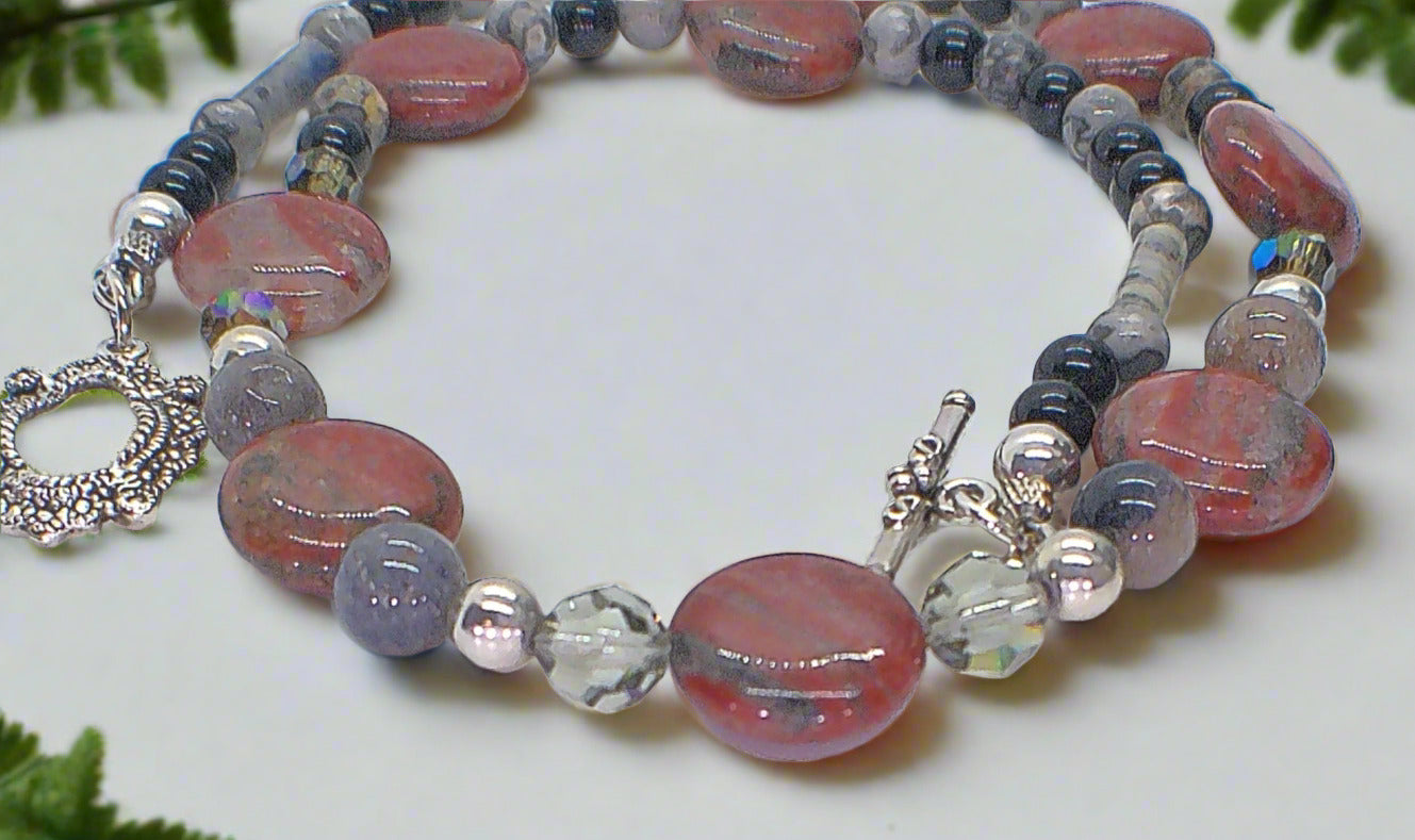 Gorgeous Red Sesame Jasper, Black Lace Marble and Crystal, Semi-precious, One-of-a-Kind, Beaded Necklace B-handcrafted by Artistry Jewelry