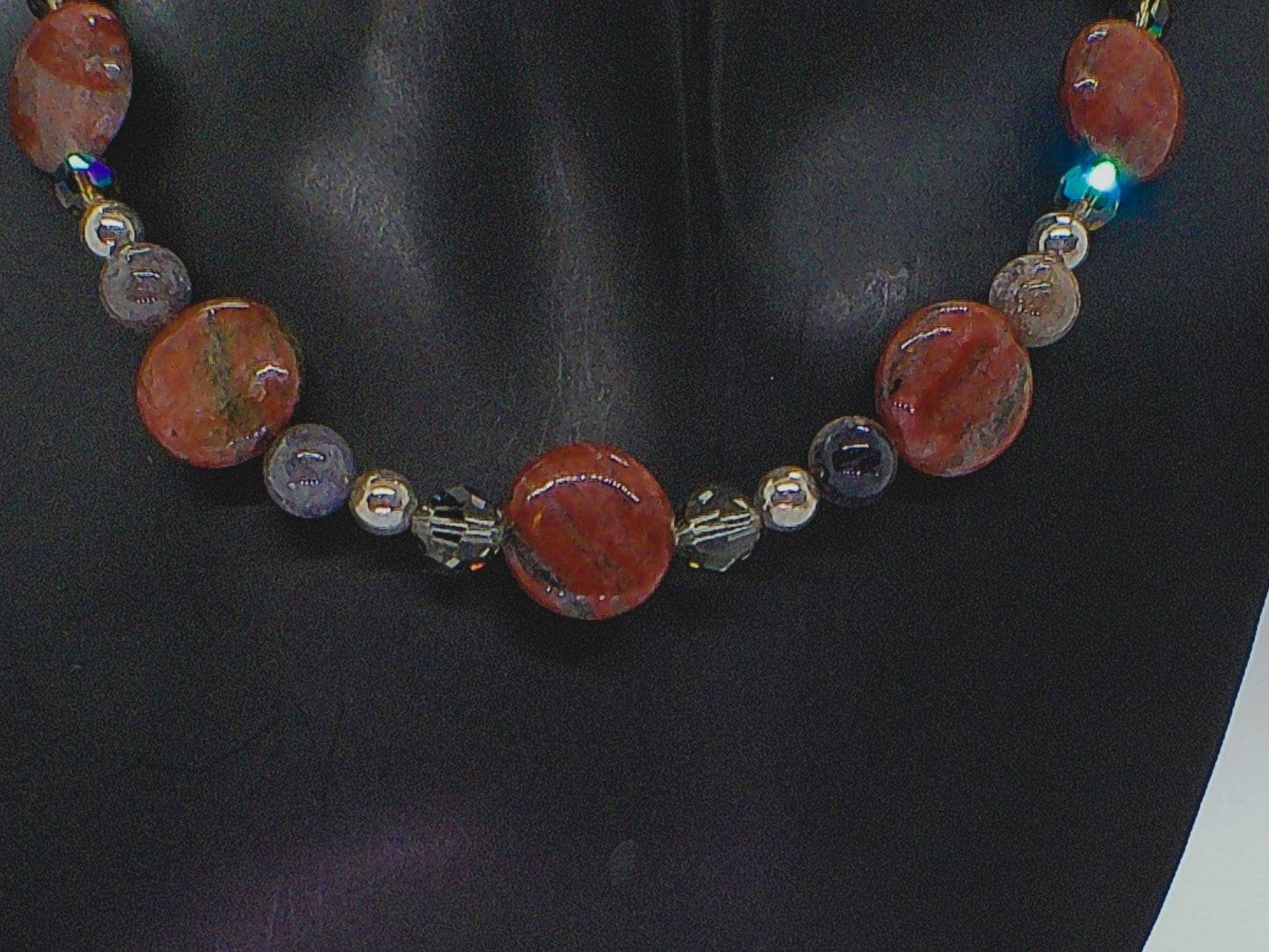 Gorgeous Red Sesame Jasper, Black Lace Marble and Crystal, Semi-precious, One-of-a-Kind, Beaded Necklace B-handcrafted by Artistry Jewelry