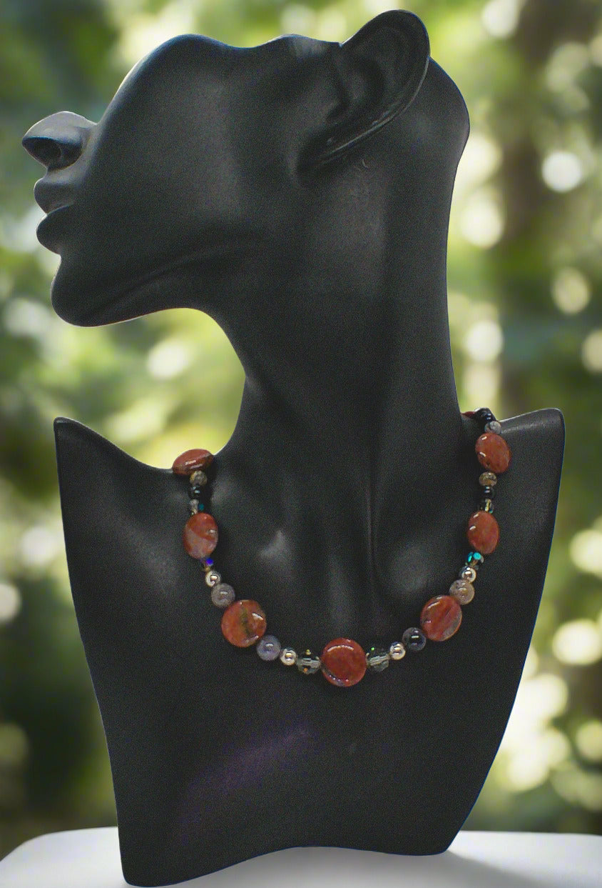 Gorgeous Red Sesame Jasper, Black Lace Marble and Crystal, Semi-precious, One-of-a-Kind, Beaded Necklace B-handcrafted by Artistry Jewelry