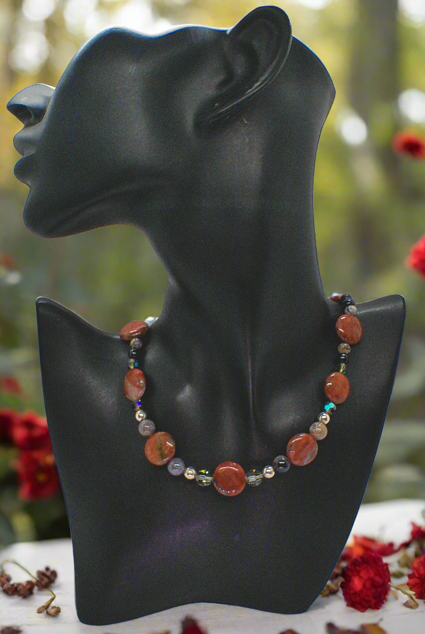 Gorgeous Red Sesame Jasper, Black Lace Marble and Crystal, Semi-precious, One-of-a-Kind, Beaded Necklace B-handcrafted by Artistry Jewelry