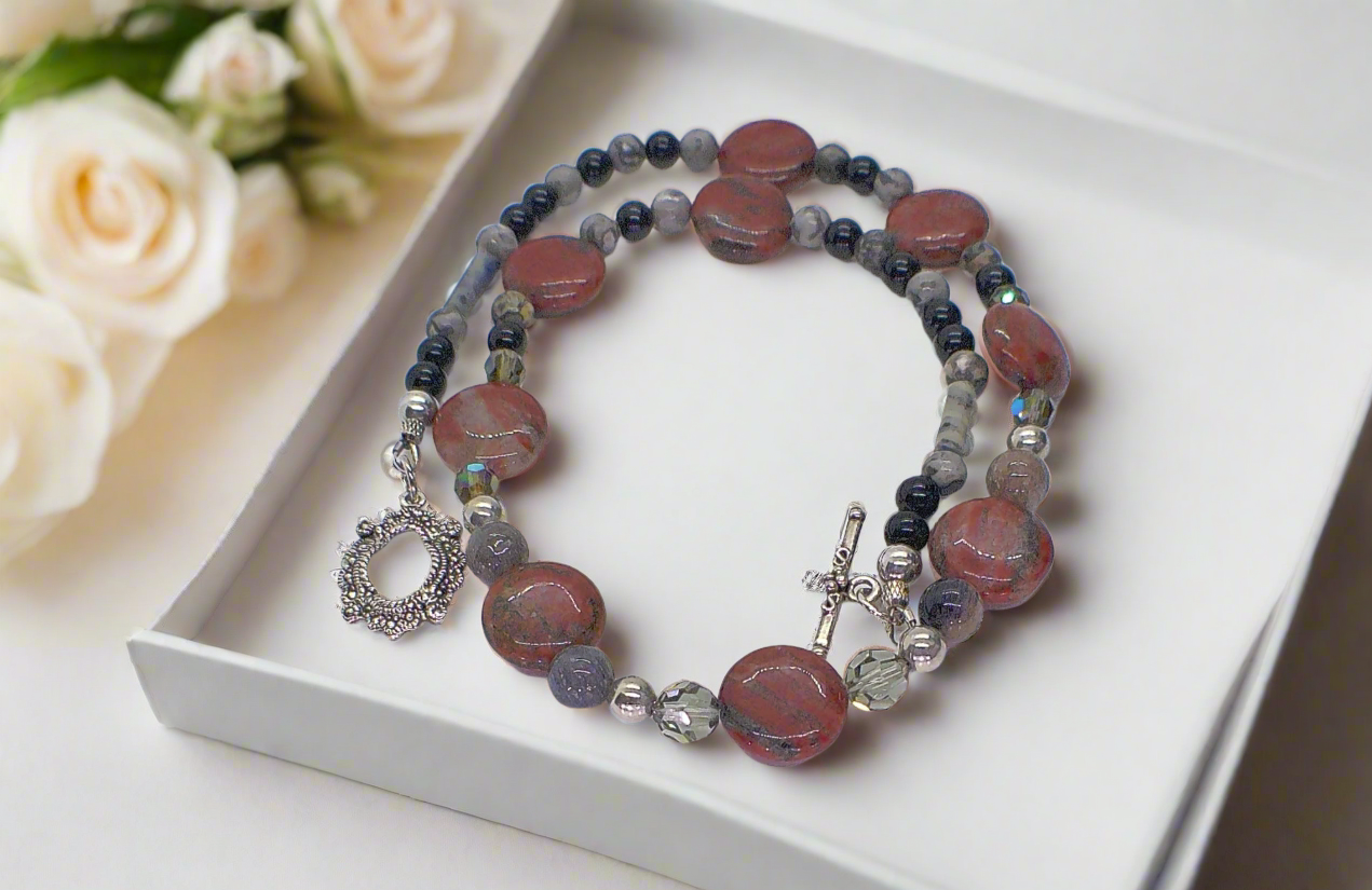 Gorgeous Red Sesame Jasper, Black Lace Marble and Crystal, Semi-precious, One-of-a-Kind, Beaded Necklace B-handcrafted by Artistry Jewelry