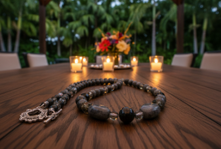 Fabulous Black & Gray Labrador, Black Onyx and Black Diamond Crystals, Semi-precious, Beaded Necklace B-handcrafted by Artistry Jewelry