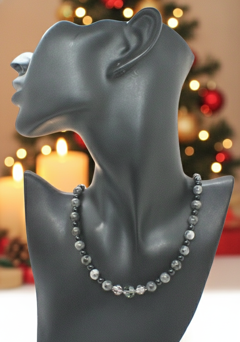 Gorgeous Black Diamond Crystal, Labradorite, Silver Hematite, and Baroque beads, Beaded Necklace - handcrafted by Artistry Jewelry