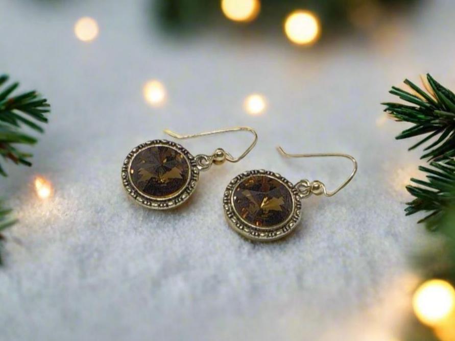 Lovely Smokey Topaz, Rivoli, Gold Drop Earrings- by Artistry Jewelry