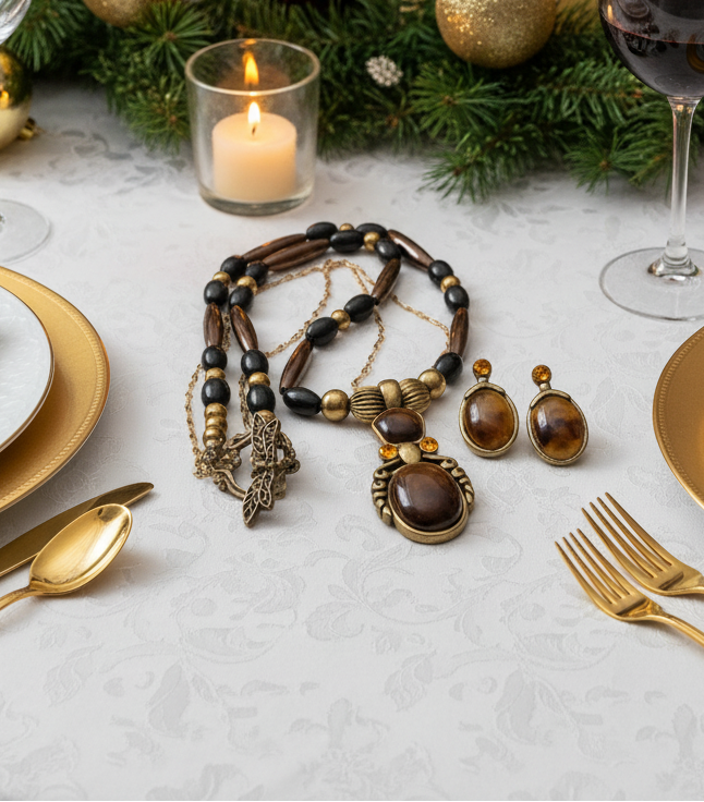 Charming Vintage Brown and Antique Gold Romance Beaded, and Chain Necklace Set with Hematite, One-of-a-Kind - handcrafted by Artistry Jewelry