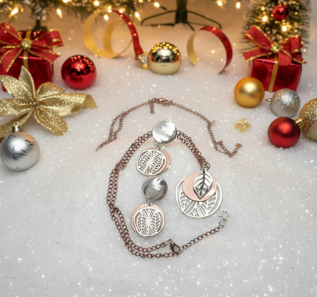 Charming Silver Leaves and Copper Discs, Copper Chain Necklace Set One-of-a-Kind-handcrafted by Artistry Jewelry