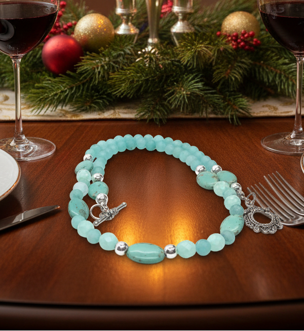 Beautiful Aqua, Semi-precious Necklace with Magnesite, and Hematite-A-handcrafted by Artistry Jewelry
