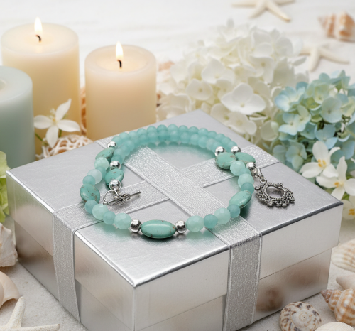 Beautiful Aqua, Semi-precious Necklace with Magnesite, and Hematite-A-handcrafted by Artistry Jewelry