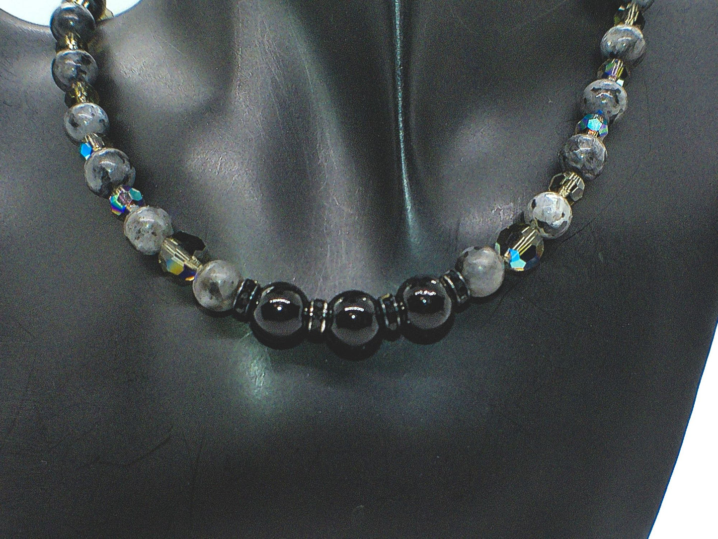 Lovely Black Onyx, Crystals, One-of-a-Kind, Beaded Necklace-crafted by Artistry Jewelry