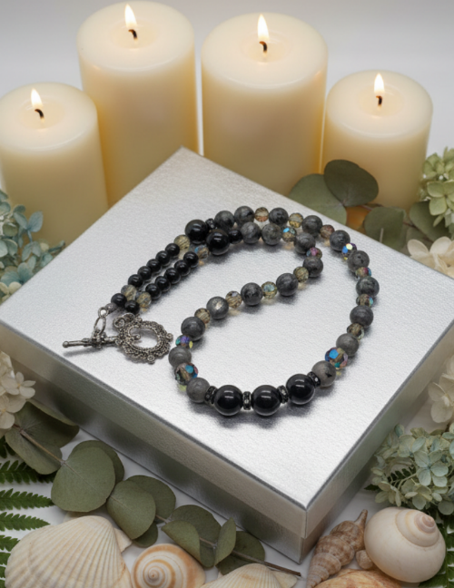 Lovely Black Onyx, Crystals, One-of-a-Kind, Beaded Necklace-crafted by Artistry Jewelry