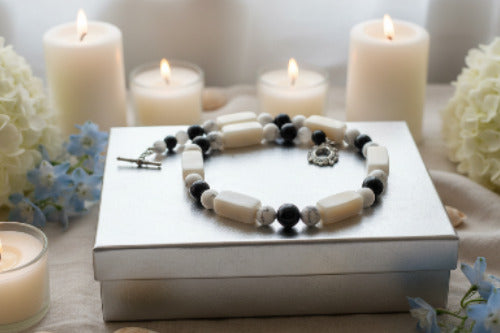 Lovely Natural Snow Quartz, Black Onyx, Howlite and Mountain Jade, Semi-precious, One-of-a -kind, Beaded Necklace A-crafted by Artistry Jewelry
