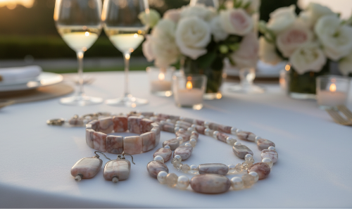 Perfect Natural Redline Marble, Sand Opal Crystals, and Druk pearl beads, Two-strands, Beaded Necklace Set-crafted by Artistry Jewelry