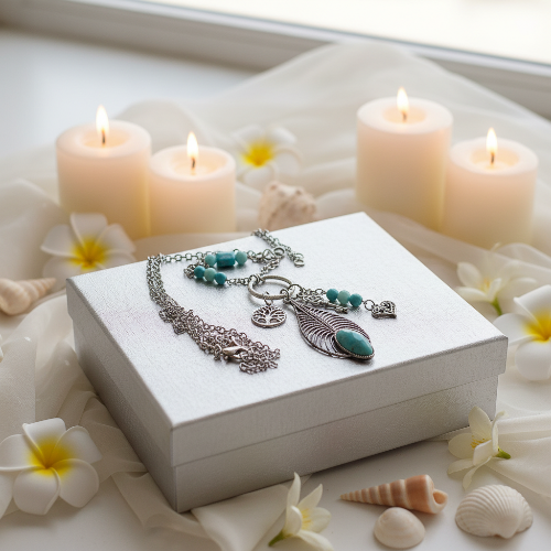 Stunning Turquoise Feather, Amazonite, Magnesite, and Tibetian Silver, Two-Strand, Chain Necklaces, One-of-a-Kind-crafted by Artistry Jewelry
