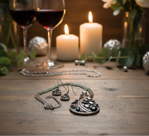Beautiful Black, Silver, and Gray, Rhinestone, Teardrop, Double Chain Necklace Set- by Artistry Jewelry