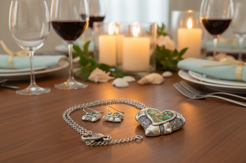 Lovely Abalone Heart Pendant, Silver Rolo Chain Necklace with Matching Earrings-by Artistry Jewelry