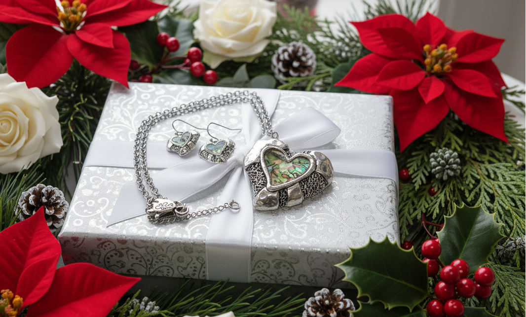 Lovely Abalone Heart Pendant, Silver Rolo Chain Necklace with Matching Earrings-by Artistry Jewelry