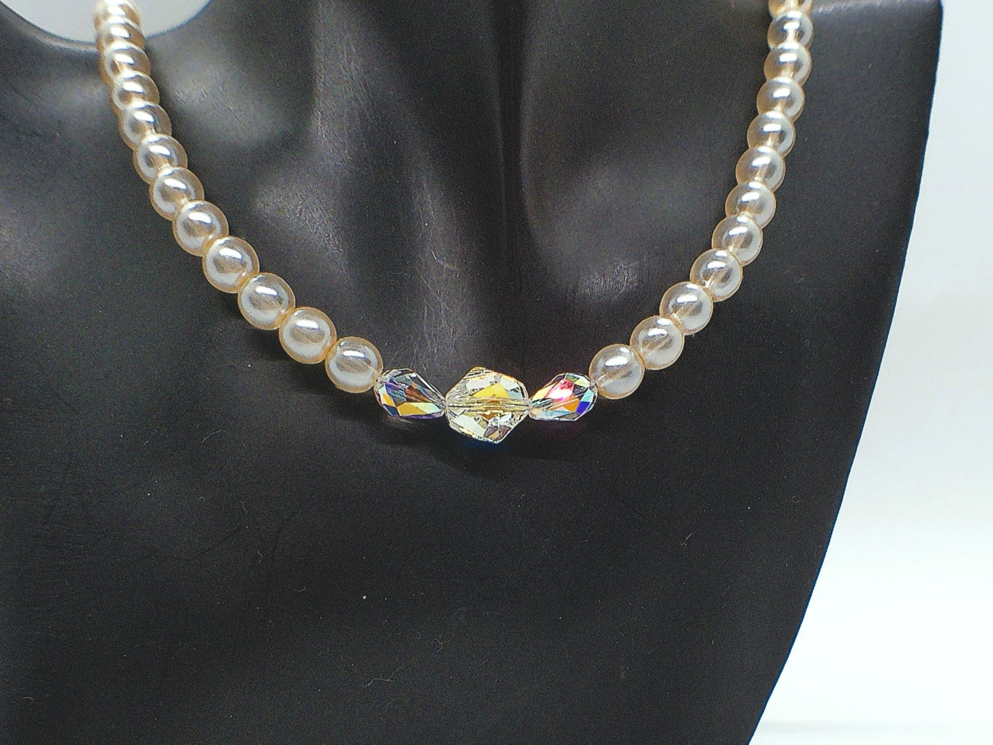 Precious Light Peach, Silver, Crystal and Pearl Beaded Necklace handcrafted by Artistry Jewelry