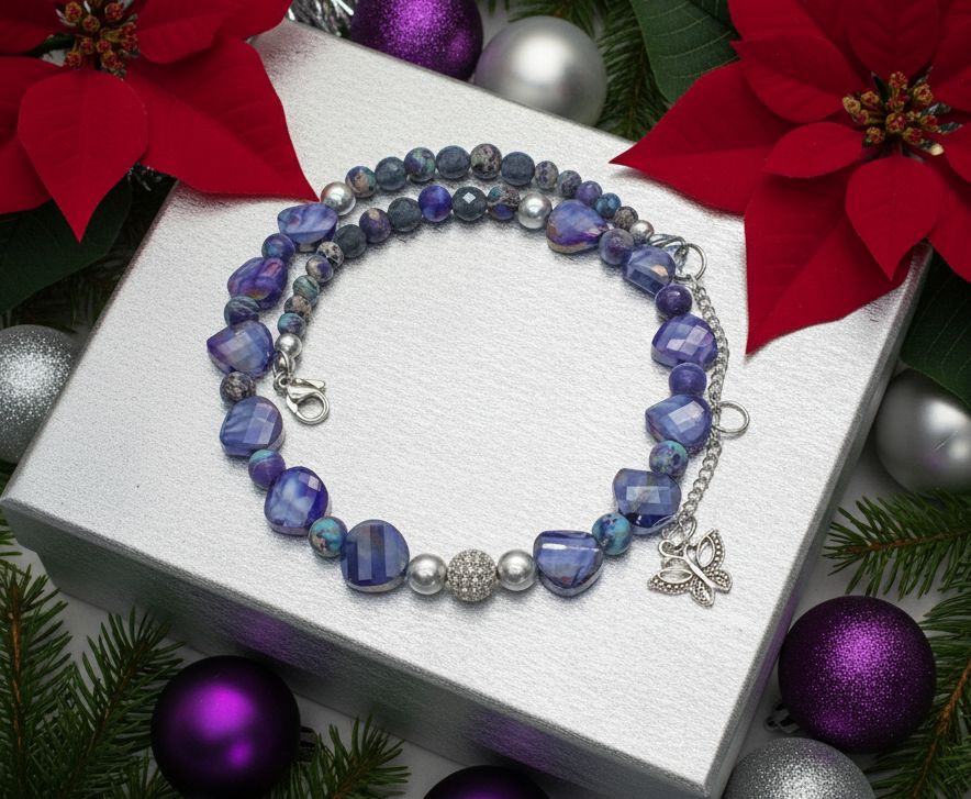 Beautiful Sea Blue Jasper, Firepolish Blue, Silver and Montana Blue, Beaded Necklace handcrafted by Artistry Jewelry
