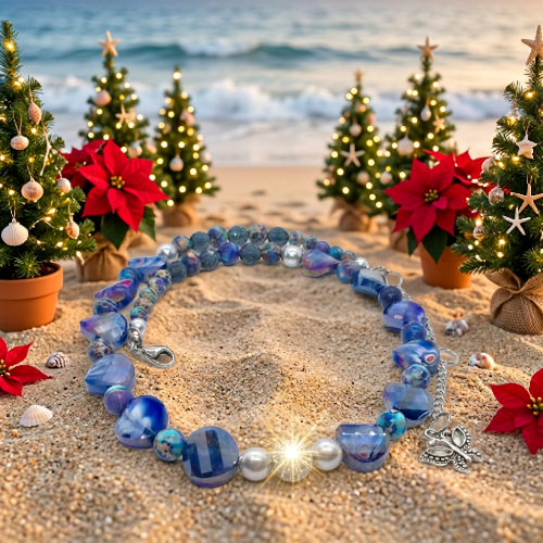 Beautiful Sea Blue Jasper, Firepolish Blue, Silver and Montana Blue, Beaded Necklace handcrafted by Artistry Jewelry
