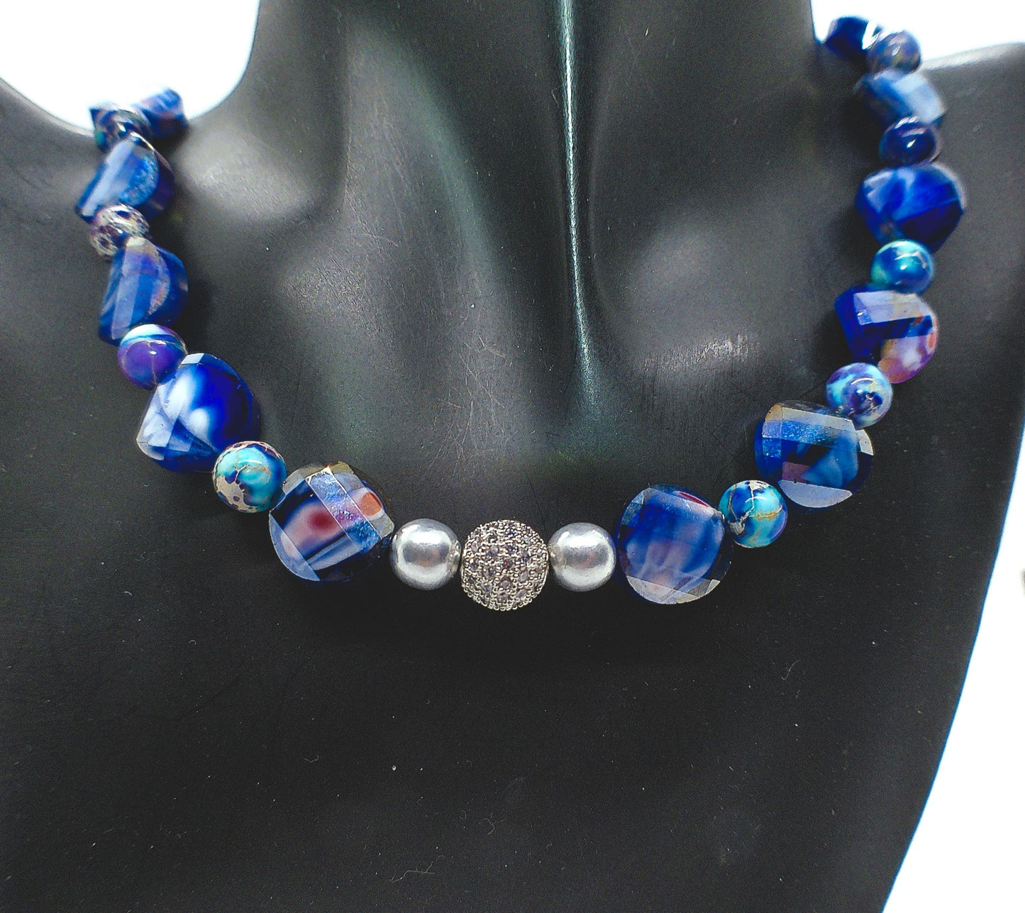 Beautiful Sea Blue Jasper, Firepolish Blue, Silver and Montana Blue, Beaded Necklace handcrafted by Artistry Jewelry