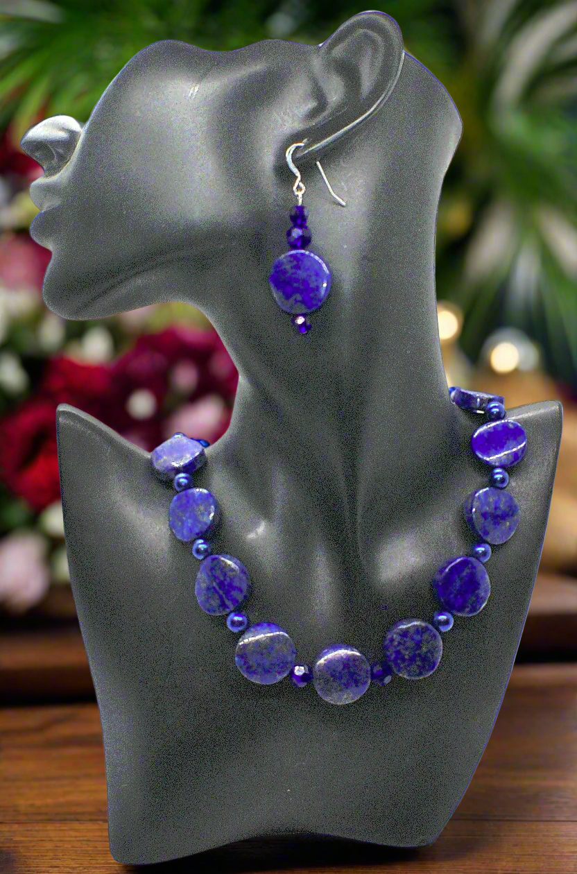Stunning Lapis Lazuli and Crystals, Dark Blue, Silver, Semi-precious, Beaded Necklace Set handcrafted by Artistry Jewelry