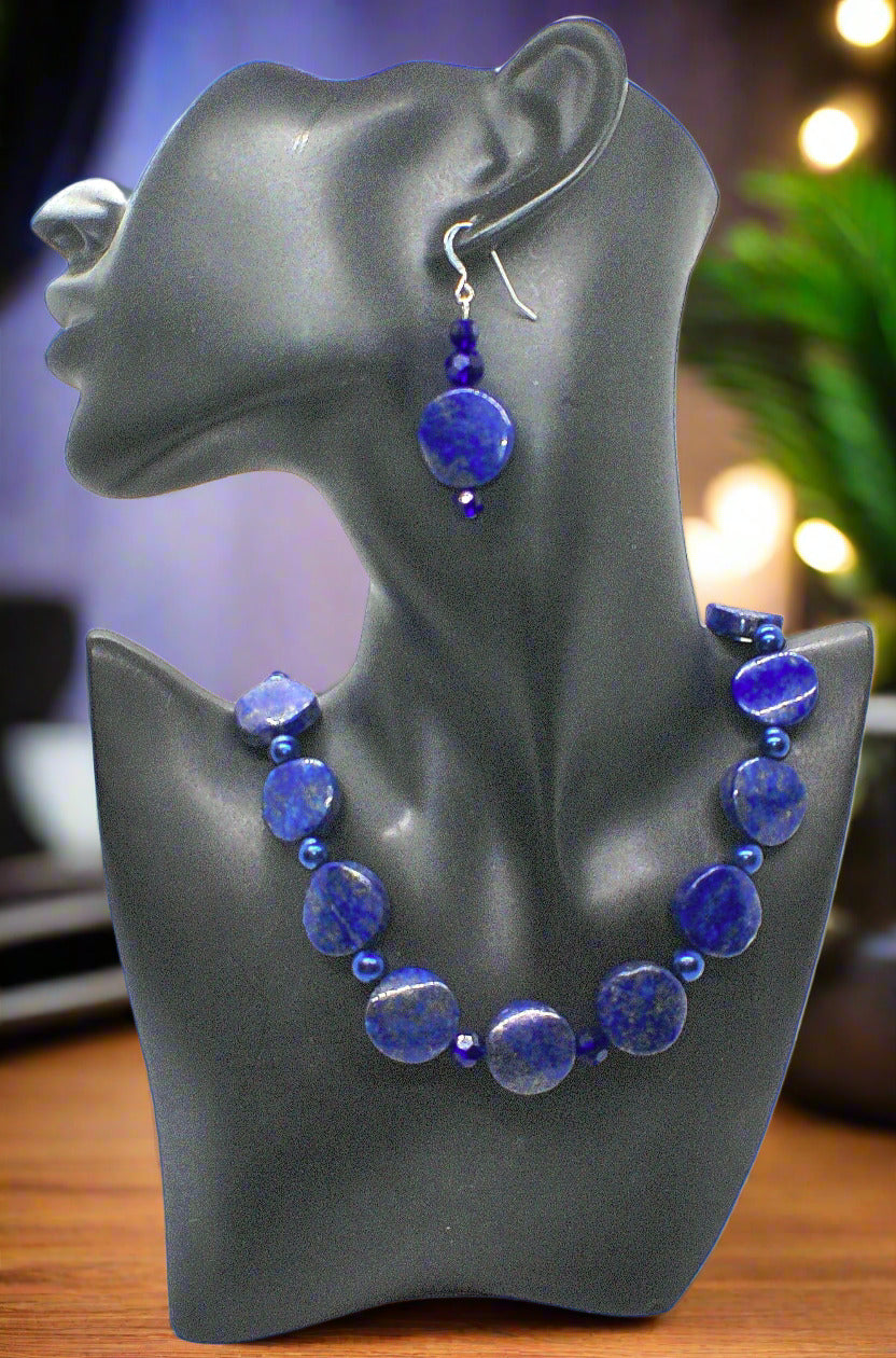 Stunning Lapis Lazuli and Crystals, Dark Blue, Silver, Semi-precious, Beaded Necklace Set handcrafted by Artistry Jewelry
