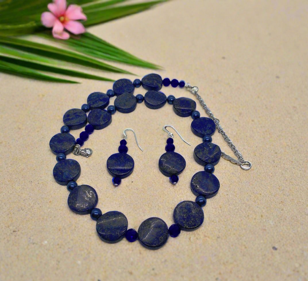 Stunning Lapis Lazuli and Crystals, Dark Blue, Silver, Semi-precious, Beaded Necklace Set handcrafted by Artistry Jewelry
