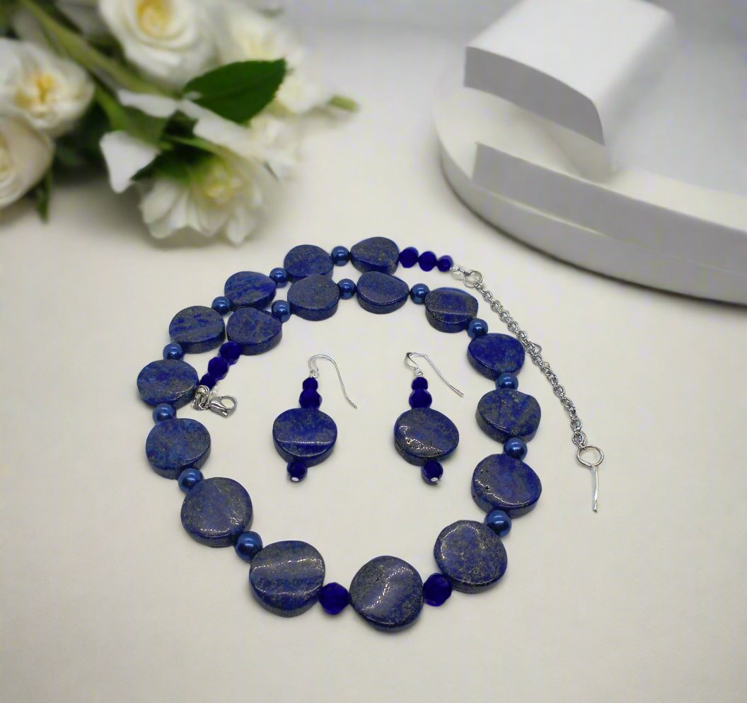 Stunning Lapis Lazuli and Crystals, Dark Blue, Silver, Semi-precious, Beaded Necklace Set handcrafted by Artistry Jewelry