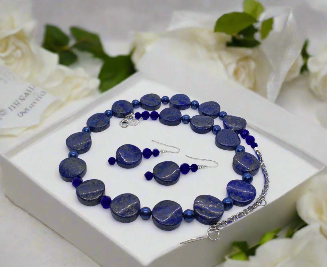 Stunning Lapis Lazuli and Crystals, Dark Blue, Silver, Semi-precious, Beaded Necklace Set handcrafted by Artistry Jewelry