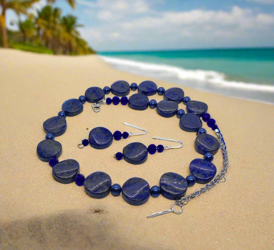 Stunning Lapis Lazuli and Crystals, Dark Blue, Silver, Semi-precious, Beaded Necklace Set handcrafted by Artistry Jewelry