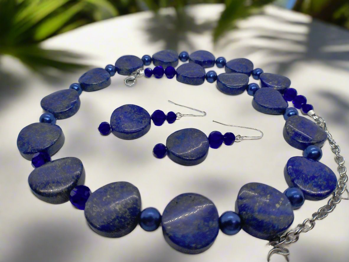 Stunning Lapis Lazuli and Crystals, Dark Blue, Silver, Semi-precious, Beaded Necklace Set handcrafted by Artistry Jewelry
