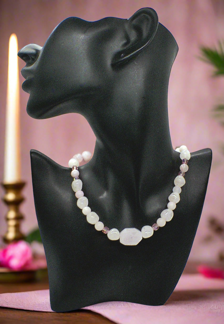 Stunning Rose Pink Quartz and Crystals, Semi-precious Beaded Necklace handcrafted by Artistry Jewelry