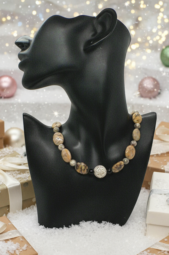 Lovely Pink Feldspar & Maifanite Jasper, Black, brown, Gray, Semi-precious, Beaded Necklace handcrafted by Artistry Jewelry