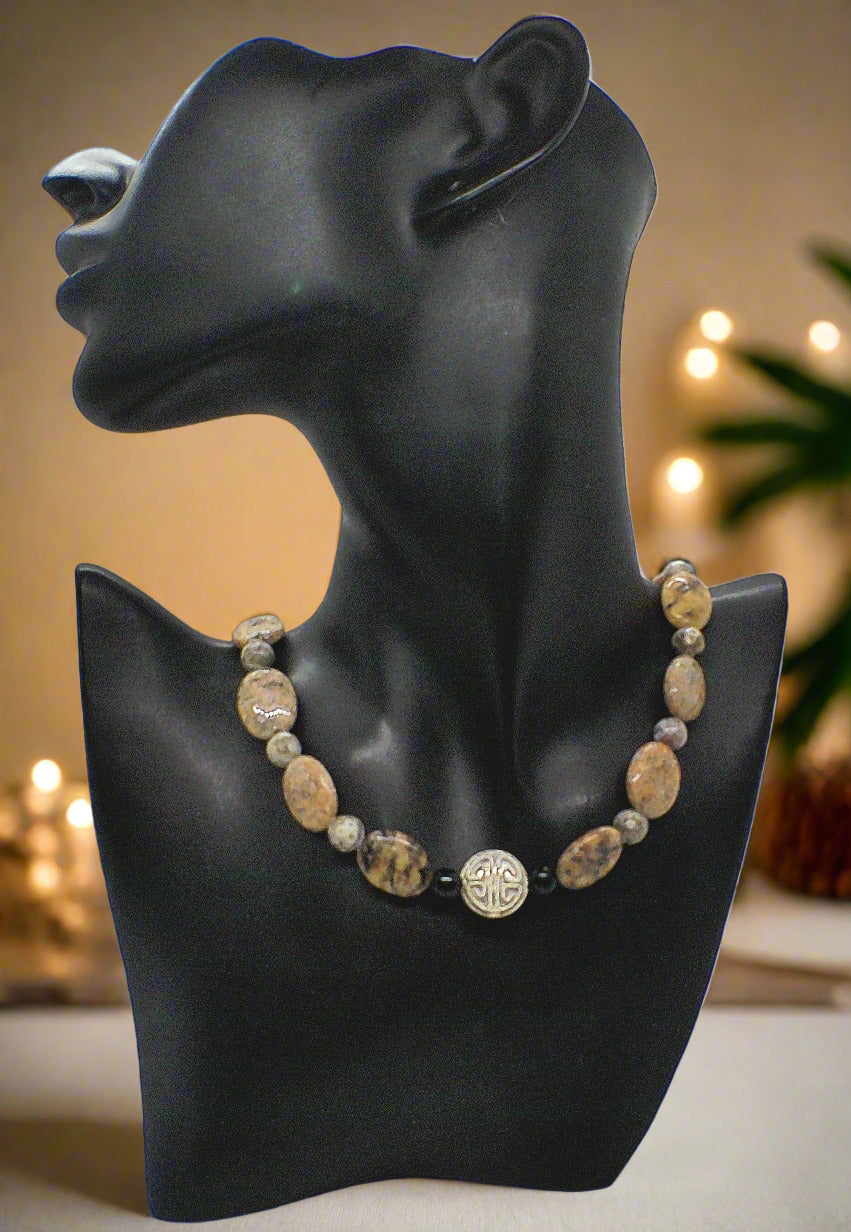Lovely Pink Feldspar & Maifanite Jasper, Black, brown, Gray, Semi-precious, Beaded Necklace handcrafted by Artistry Jewelry