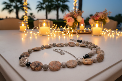Lovely Pink Feldspar & Maifanite Jasper, Black, brown, Gray, Semi-precious, Beaded Necklace handcrafted by Artistry Jewelry