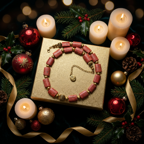 Beautiful Coral Rectangles, Antique Gold Rds, GP Hematite Semi-precious Beaded Necklace handcrafted by Artistry Jewelry