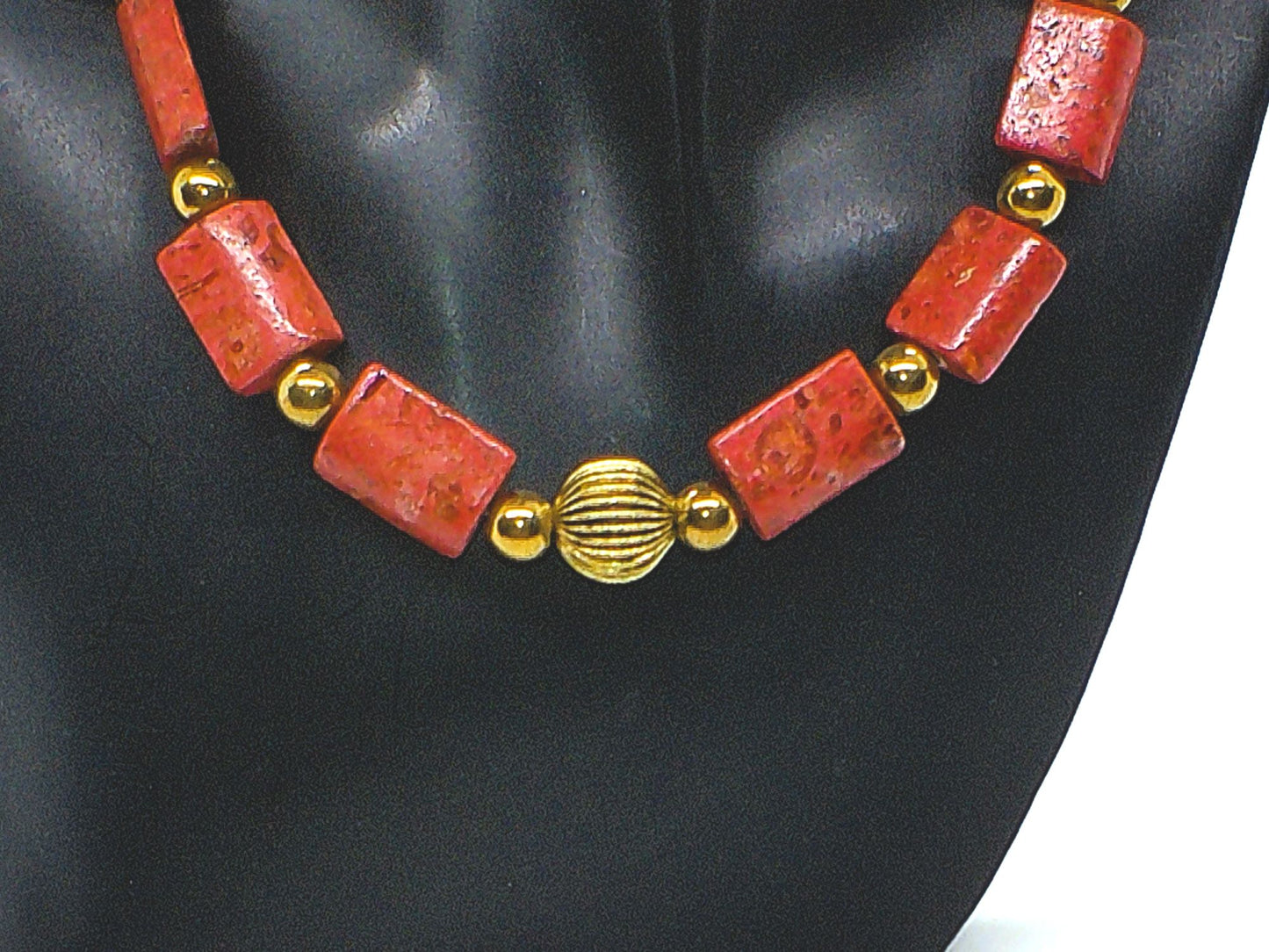 Beautiful Coral Rectangles, Antique Gold Rds, GP Hematite Semi-precious Beaded Necklace handcrafted by Artistry Jewelry