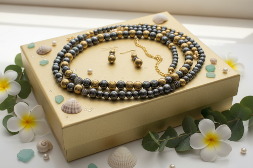 Gorgeous Gold & Black Hematite Two-Strand Beaded Necklace Set handcrafted by Artistry Jewelry