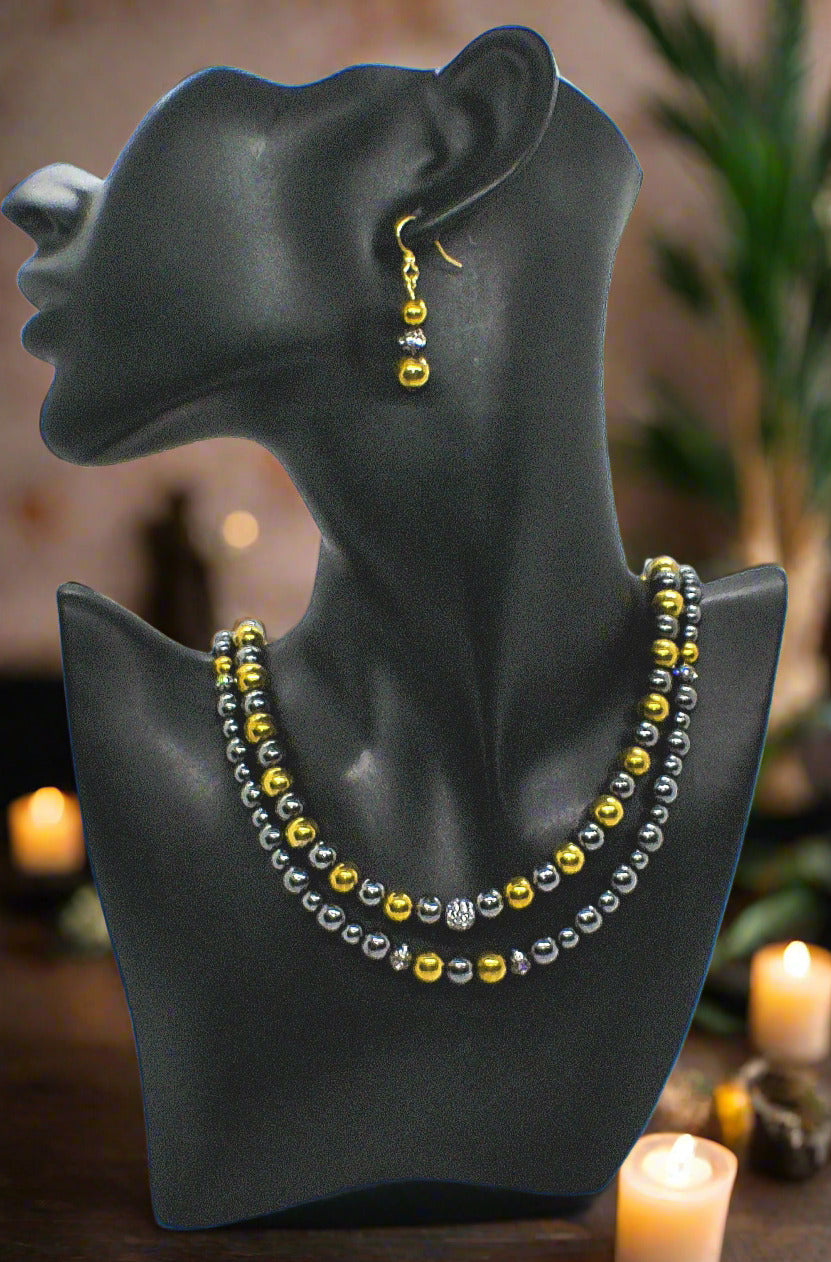 Go To: https://www.artistryjewelry.net/products/gorgeous-gold-black-hematite-two-strand-beaded-necklace-set-handcrafted-by-artistry-jewelry