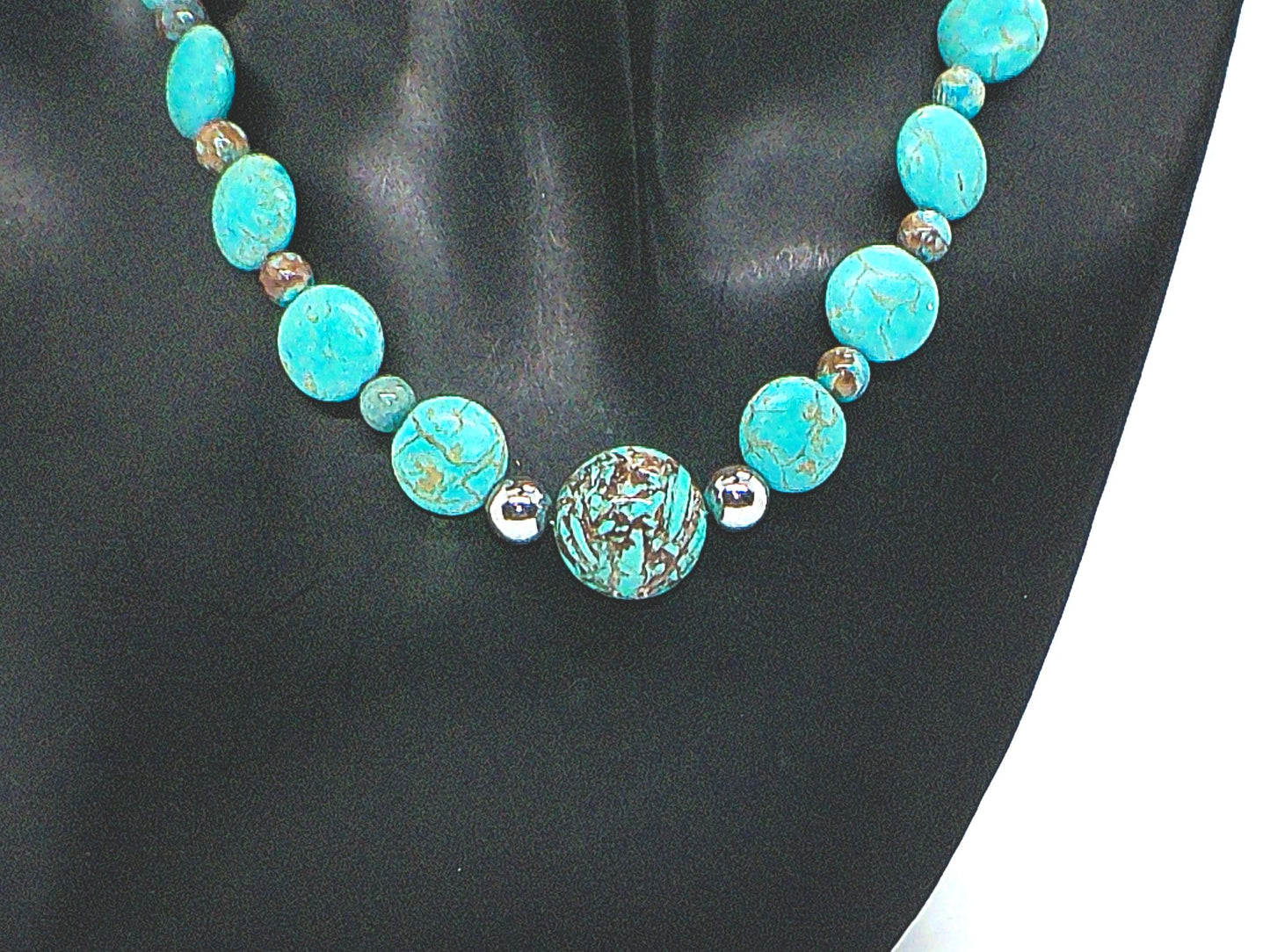 Lovely Crazy Lace Agate & Magnesite, Turquoise, Brown, Semi-precious, Beaded Necklace handcrafted by Artistry Jewelry