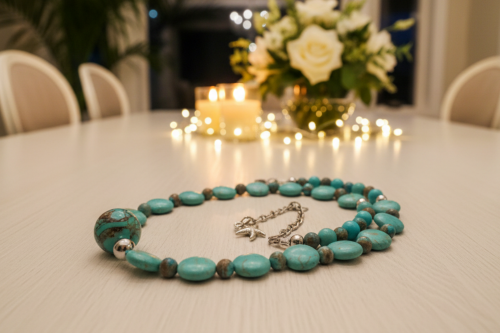 Lovely Crazy Lace Agate & Magnesite, Turquoise, Brown, Semi-precious, Beaded Necklace handcrafted by Artistry Jewelry