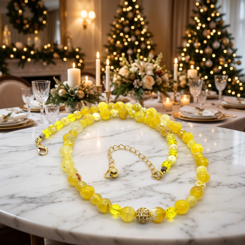 Gorgeous Yellow Fire Agates and Crystals Beaded Semi-precious Necklace handcrafted by Artistry Jewelry